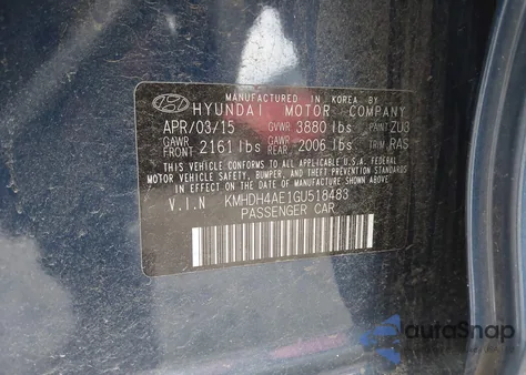 2016 Hyundai Elantra Se из США, поврежденный, VIN KMHDH4AE1GU518483